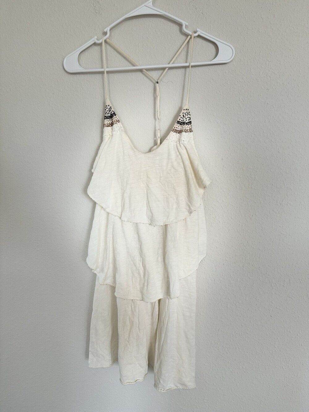 American Eagle Boho Asymmetrical Beaded Ruffle Tiered Tanktop Hippie Shirt SZ XS